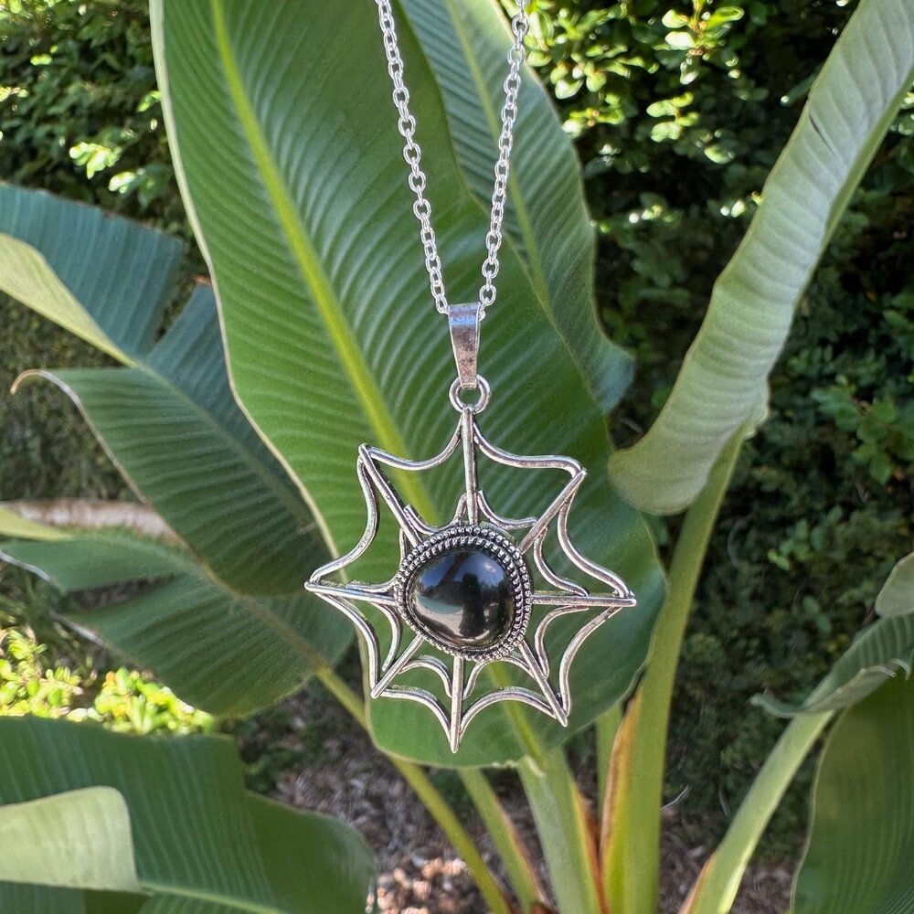 NEW Halloween Black Obsidian Spider Web Pendant Man Made Encased Crystal